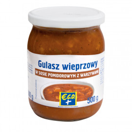 Gulasz wieprzowy w sosie pomidorowym z warzywami. Produkt sterylizowany.