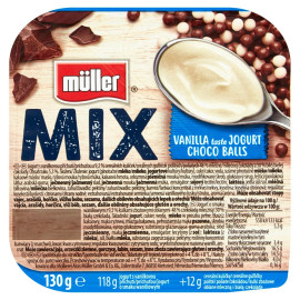 Müller Mix Jogurt o smaku waniliowym z kulkami zbożowymi oblanymi czekoladą mlecznej i białą 130 g