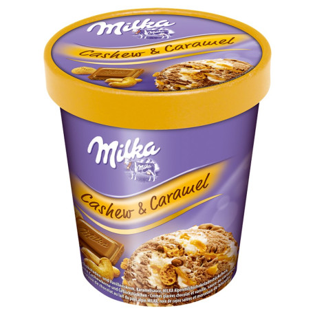 Milka Lody czekoladowe i lody o smaku waniliowym z sosem karmelowym 480 ml
