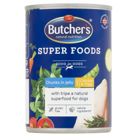 Butcher\'s Super Foods Karma dla dorosłych psów kawałki w galaretce z kurczakiem i flaczkami 400 g