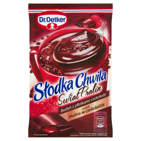 Dr. Oetker Słodka Chwila Świat Pralin Budyń z płatkami czekolady smak malina w czekoladzie 45 g