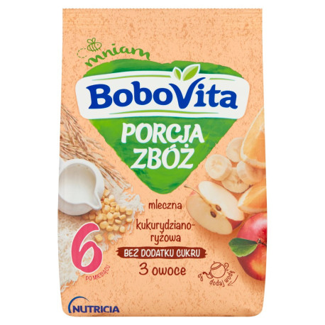BoboVita Porcja Zbóż Kaszka mleczna kukurydziano-ryżowa 3 owoce po 6 miesiącu 210 g