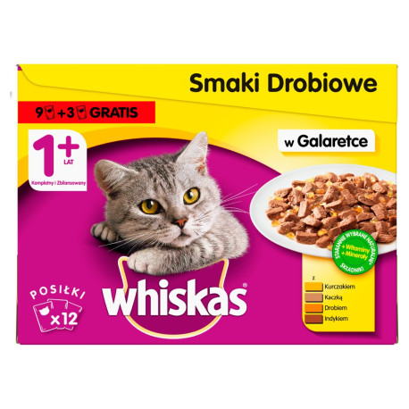 Whiskas 1+ lat Karma pełnoporcjowa smaki drobiowe w galaretce 1,2 kg (12 x 100 g)