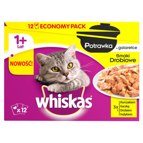 Whiskas 1+ lat Karma pełnoporcjowa potrawka w galaretce smaki drobiowe 1020 g (12 x 85 g)