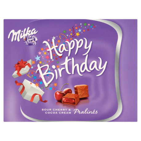 Milka Czekoladki z mleka alpejskiego z nadzieniem kakaowym o smaku wiśniowym Happy Birthday 110 g