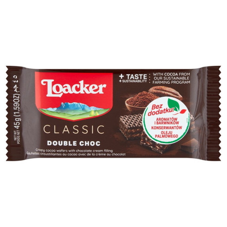 Loacker Chrupiące wafle kakaowe przekładane kremem kakaowo czekoladowym 45 g