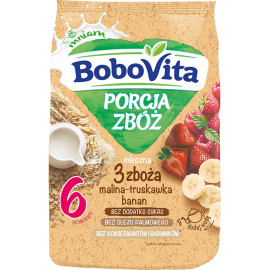 BoboVita Porcja zbóż Kaszka mleczna 3 zboża malina-truskawka-banan po 6 miesiącu 210 g